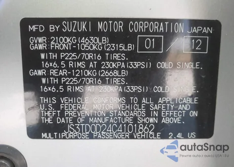 2012 Suzuki Grand Vitara Premium from USA, damaged, VIN JS3TD0D24C4101862